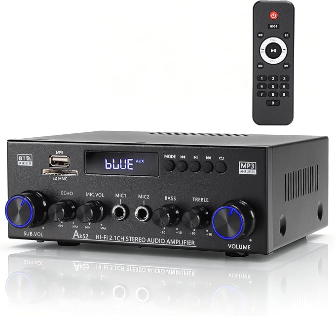 AK52 Home 2.1 Channel Bluetooth 5.0 Stereo Receiver Amplifier, Home 400Wx2+300W Subwoofer Out, FM Radio, USB/SD/AUX, MIC Echo, Remote for Passive Speakers