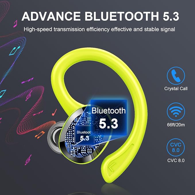 Wireless Earbuds Sport, 2025 Bluetooth 5.3 Headphones Bass Hi-Fi Stereo Over Ear Buds, 48Hrs Noise Cancelling Headset with Earhook, IP7 Waterproof Earphones Workout Running for Laptop Pad Android iOS