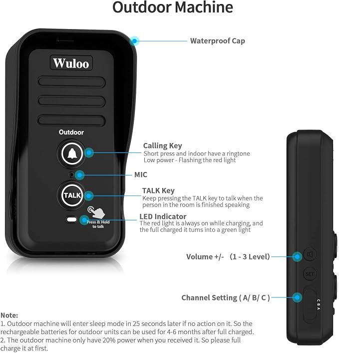 Wuloo Wireless Intercom Doorbells for Home Classroom, Intercomunicador Waterproof Electronic Doorbell Chime with 1/2 Mile Range 3 Volume Levels Rechargeable Battery (Black, 1&1)