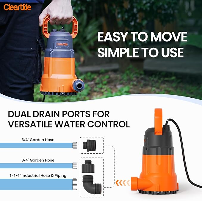 Cleartide Submersible Utility Water Pump, 1/2 HP 3060 GPH Sump Pump, Portable Plug and Work for Pond, Garden Watering, Pool or Hot Tub Water Transfer