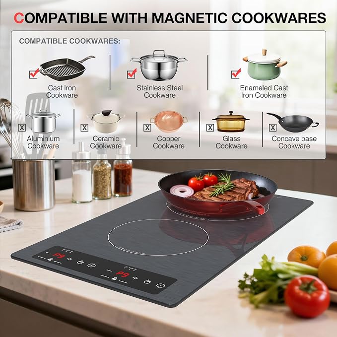 Double Induction Cooktop 110v-120v, GTKZW 2300W Electric Cooktop 20 inch Hot Plate Electric Stove Top with Plug in, Built-in and Countertop, 9 Power Levels, Timer & Safety Lock