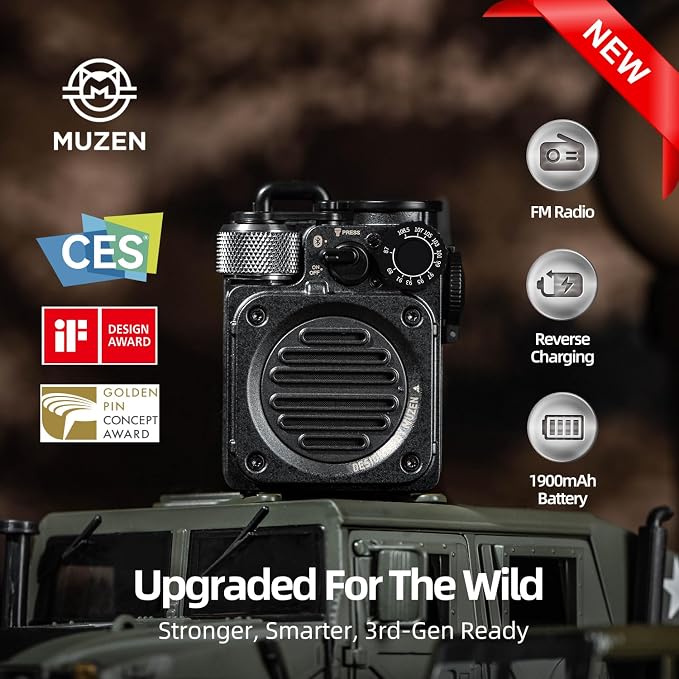 Muzen Upgraded Wild Mini 3.0 Outdoor Portable Wireless Bluetooth Speaker with FM Radio, Phone Charger/15H Playtime/IPX5 Waterproof/3 Mode Flashlight, Rugged Gear for Man Camping/Hiking/Travel(Black)