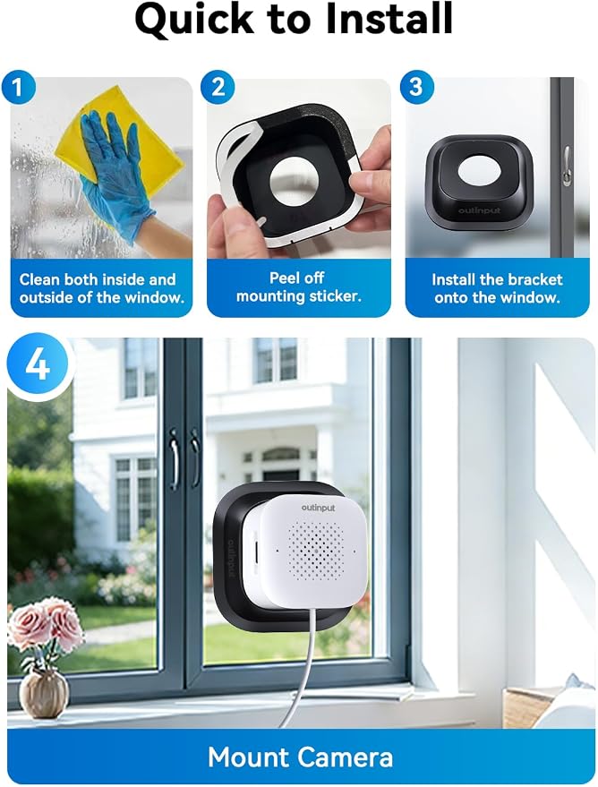 Outinput 3MP 2K No Drill Window Security Camera, 2.4G&5GHz Surveillance Camera with Adjustable View Angle Mount, AI Color Night Vision, Person and Motion Detection, 24/7 Recording, Anti-Glare (2-Pack)