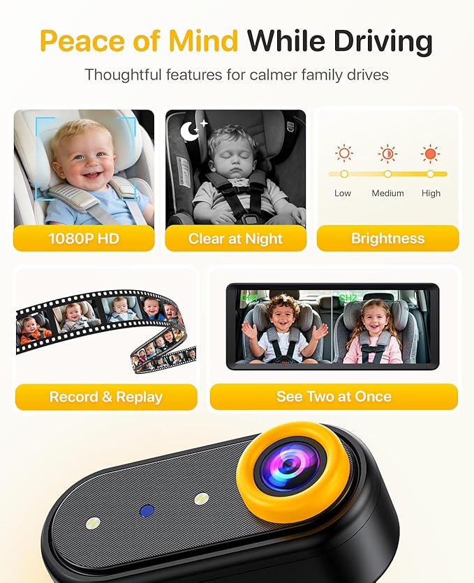 LUCKVIEW BM5 MAX Dual Baby Car Camera, 1080P HD with Record & Playback, 7.2” Split-Screen Display, Auto Night Vision, Easy Installation Rear-Facing Car Seat Camera for Baby