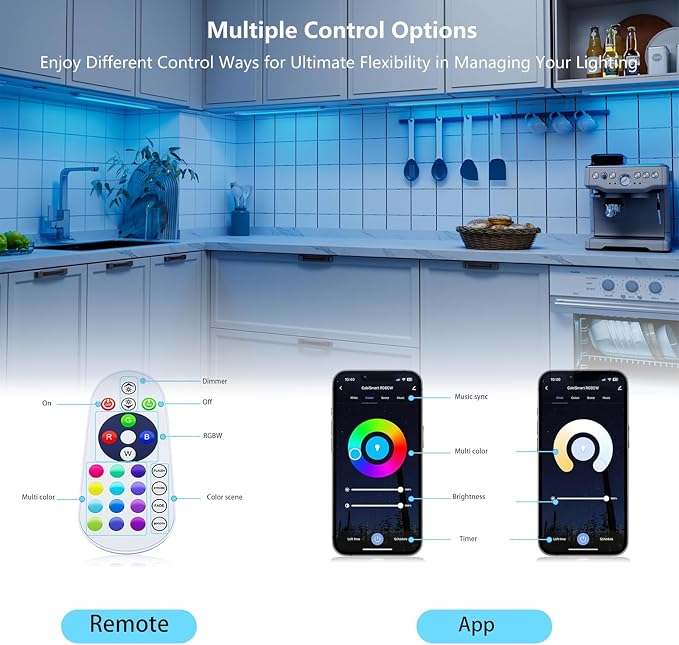 Smart Under Cabinet Lighting Plug In, RGB Multi Colored & White Work with Alexa, Google Assistant, APP, 12Inch Linkable LED Strip Lights Dimmable for Kitchen Counter, Shelf, Matte White Finished, 6PCS