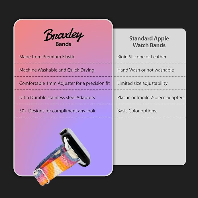Braxley Bands for Apple Watches - Stretchy and Washable - Adjustable with Apple Watch Bands for Women & Men - Compatible with Apple Watch Series SE Ultra 9 8 7 6 5 4 3 2 1