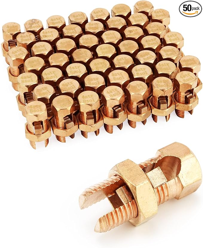 QWORK Grounding Split Bolt, 50 Pieces 4 Gauge 8 Gauge High Strength Split Bolt Connectors, Ground Wire Clamp, Solid Copper, for Antenna, Satellite Dish, Cable TV