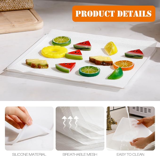 Thenshop 8 Pcs Silicone Dehydrator Sheets Trays with Edge and 10 Pcs Mesh Dehydrator Mats Non Stick Reusable Fruit Leather Trays Accessories for Liquid Making Food Fruit Meat Egg Vegetables (White)