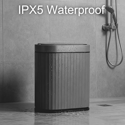 ELPHECO Bathroom Motion Sensor Trash can, 2 Gallon Automatic Garbage Can, Slim Plastic Smart Trash Can with Lid, Commercial Intelligent Trash Bin for Bedroom, Bathroom, Office, Cement Grey Black