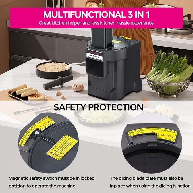 3 in 1 Electric Food Processor Vegetable Dicer Chopper Multifuntional Potato Cutter Onion Slicer with 3 Stainless Steel Blades for Commercial & Home Use