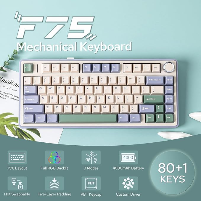 EPOMAKER x Aula F75 Gasket Mechanical Keyboard, 75% Wireless Hot Swappable Gaming Keyboard with Five-Layer Padding&Knob, BT/2.4GHz/USB-C, RGB (Green, LEOBOG Reaper Switch)