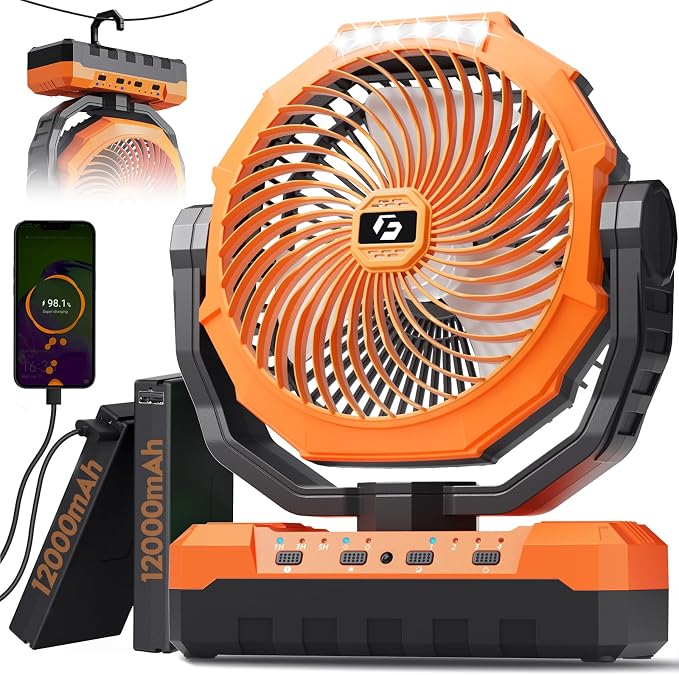 FRIZCOL 3-in-1 Camping Fan - Portable Fans Rechargeable - 24000mAh Detachable Battery Powered Fan with Light & Remote for Indoor Outdoor, Tent, Travel, Fishing, Jobsite, Gifts for Men Dad Him - Orange