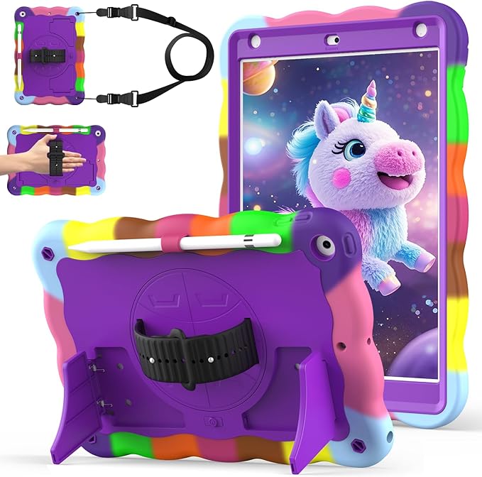 ZoneFoker Case for iPad 9th Generation Case / 8th Gen / 7th Gen 10.2 Inch 2021 2020 2019, Heavy Duty Cover with Pencil Holder [360° Rotate Strap] & Stand, Camouflage Purple