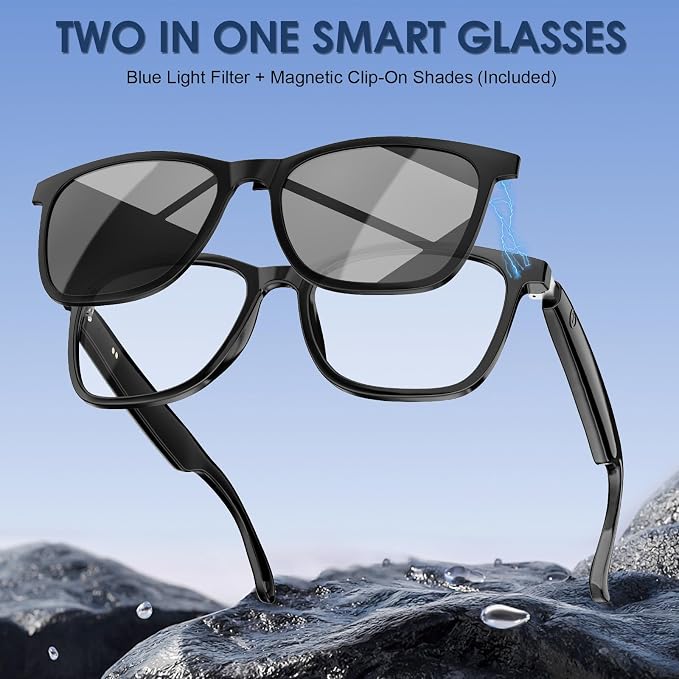 Smart Bluetooth Glasses, Blue Light Blocking, Open Ear Speaker, Voice Control, Extra Magnetic Polarized Sunglasses Lens for Men & Women
