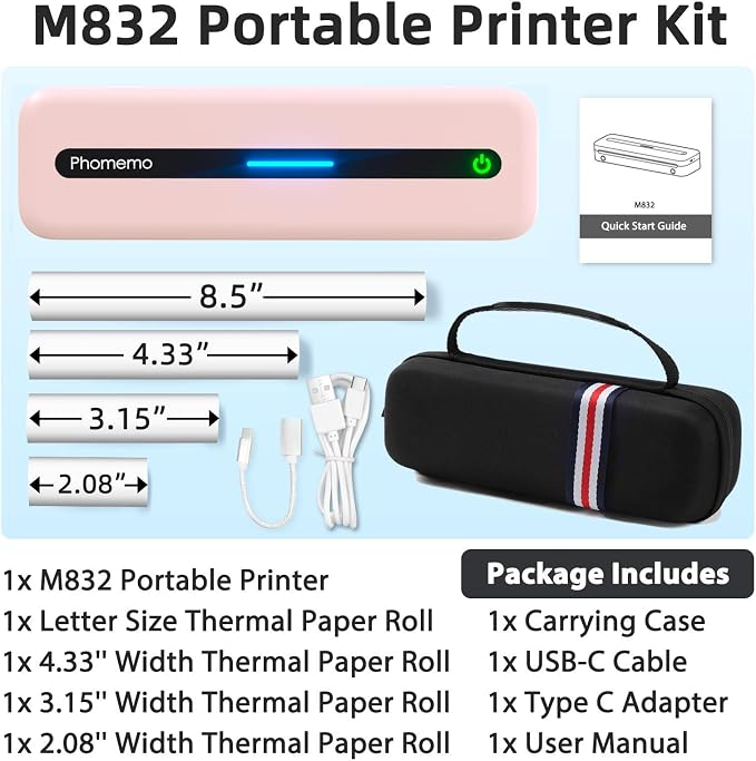 Phomemo M832 Portable Printers Wireless for Travel, Bluetooth Inkless Thermal Printer, Support 8.5"x11"/A4/4.33"/3.15"/2.08" Thermal Paper, Compatible with iPhone Laptop for Office School Home Use