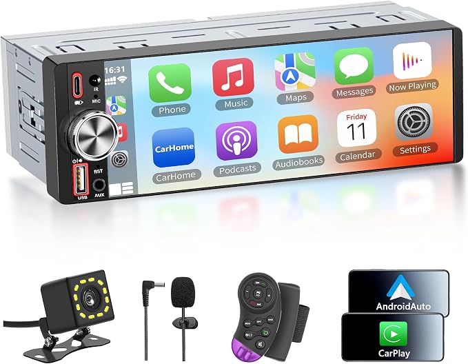 Single Din Car Stereo with Wireless Apple CarPlay & Android Auto, 6.5" IPS Touchscreen Bluetooth, Single Din Car Radio with Backup Camera, GPS Navigation, USB/Type-C, FM/AM, EQ, AUX, MIC