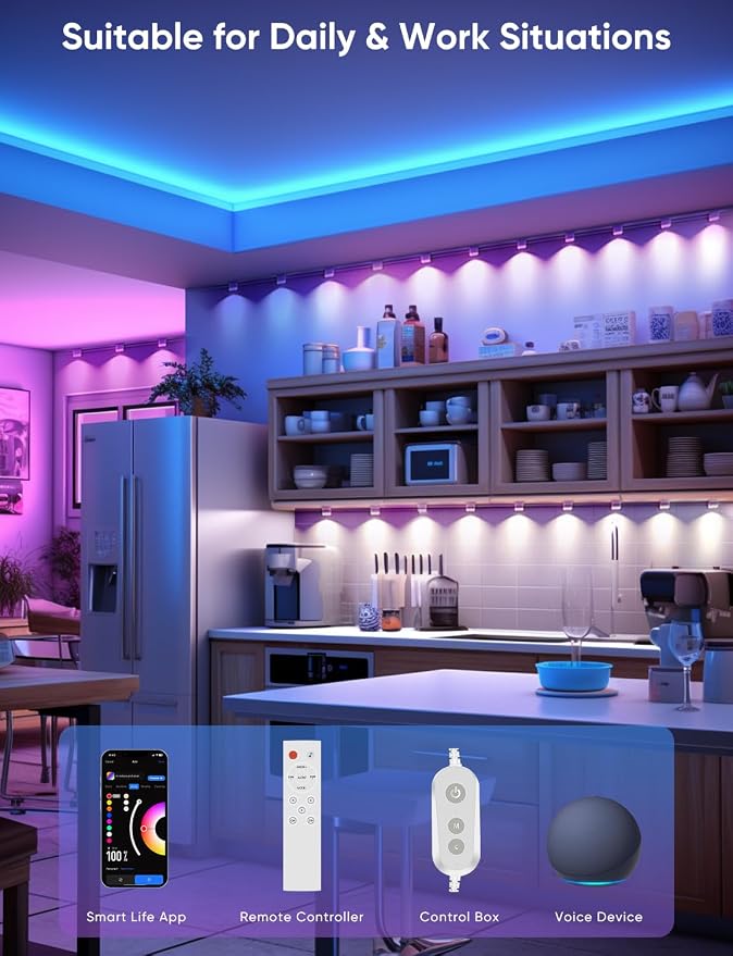 APPECK String Downlights Indoor, 30ft Smart Wall Backlight for Bedroom with 30 Led Lights, 111 Scene Modes, Music Sync Color Changing Deocrative Lighting for Party, Kids Room, Works with Alexa/Google