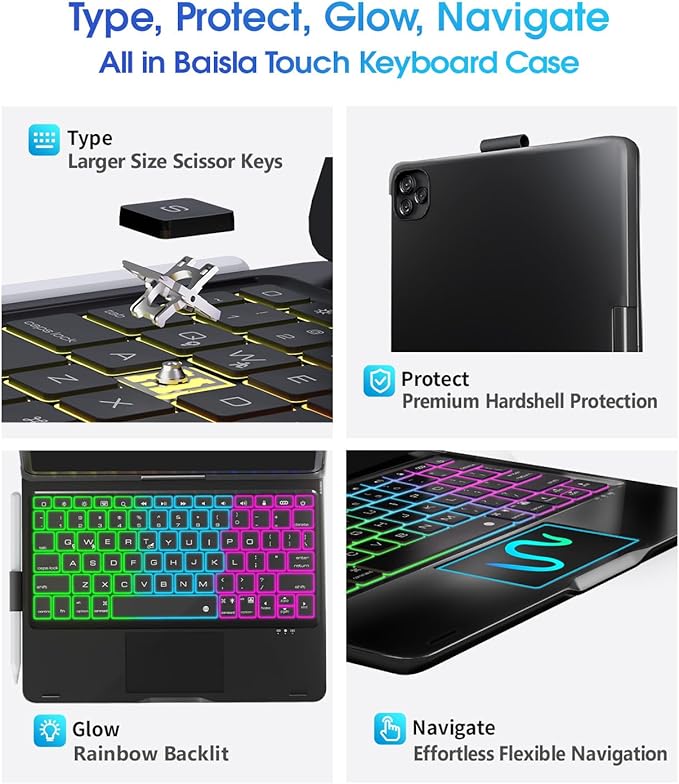 Baisla iPad 10th Generation Case with Keyboard 10.9" & iPad 11th (A16) & iPad Air 11 (M4/M3/M2), Multi Trackpad, 360 Swivel & Rainbow Backlit for iPad Air 5th/4th,iPad Pro 11 4th/3rd/2nd/1st - Black