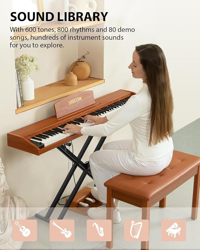 UISCOM 88 Key Digital Piano Keyboard for Beginners - Full Size Semi Weighted Wooden Electric Piano Set with Stand, Triple Pedal, Headphone,Carry Bag - Supports USB-MIDI Connecting (Wood Grain Brown)