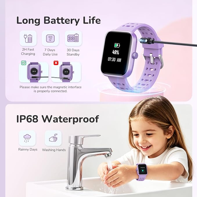 ENOMIR Smart Watch for Kids Girls Boys, Kids Smart Watch with Health Monitor, Activities Track & Pedometer, Long-Lasting Digital Watches with Puzzle Games & Clock Reminders, Gifts for Child-Purple