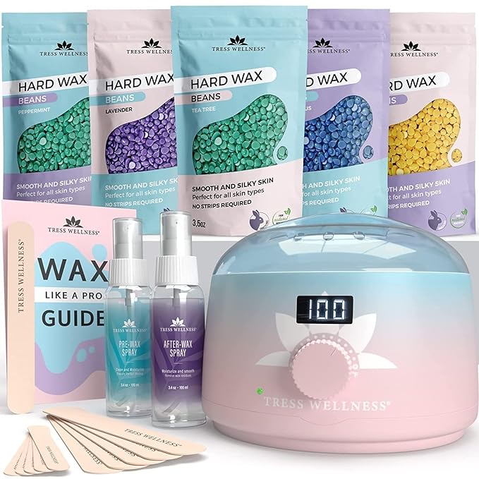 Tress Wellness Award Winning Waxing Kit for Sensitive Skin – Safe for Face & Skin, Easy to Use – At-Home Kit for Face, Bikini, Brazilian & Full Body - Digital Display, Pink to Teal