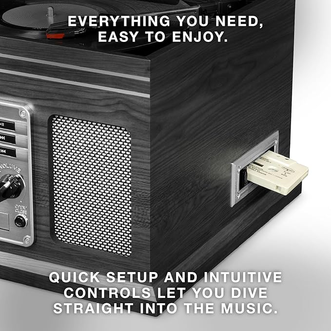 Victrola The Quincy 6-in-1 Bluetooth Record Player & Multimedia Center with Built-in Speakers – 3-Speed Turntable, CD & Cassette Player, FM Radio, Wireless Music Streaming (Mahogony)