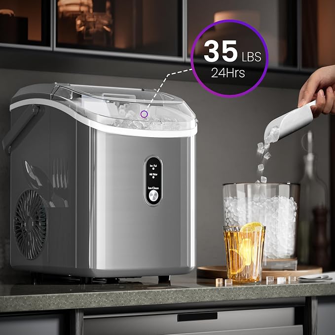 Kismile Nugget Ice Makers Countertop,35Lbs/24H,Portable Ice Machine with Crushed Ice,Self-Cleaning Function,One-Click Operation for Home/Office(Grey)