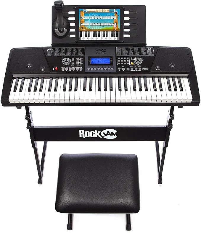 RockJam 61-Key Keyboard Piano Kit with Stand, Stool, Headphones, Keynote Stickers & Lessons