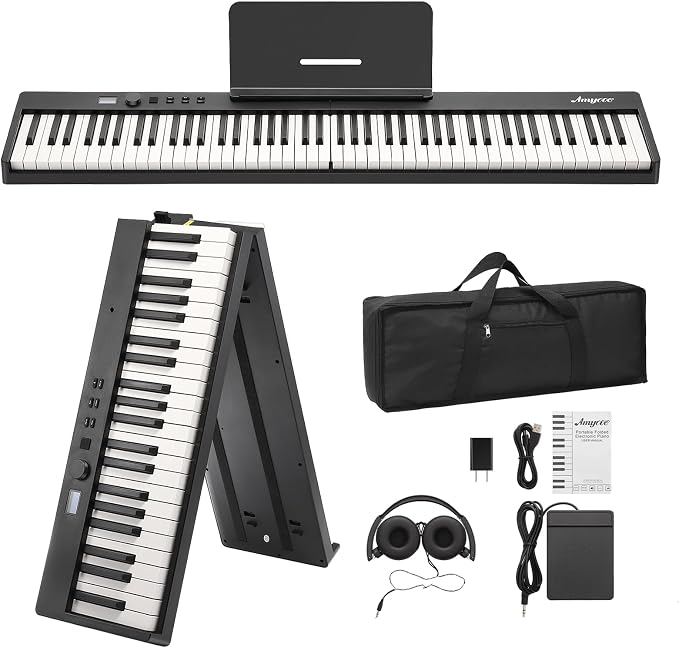 GarveeLife 88 Key Folding Piano Keyboard - Full Size Semi Weighted Portable Digital Piano with Bluetooth, Headphones,Sustain Pedal & Bag,88-Key Keyboard Piano for Beginner