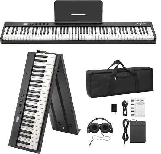 GarveeLife 88 Key Folding Piano Keyboard - Full Size Semi Weighted Portable Digital Piano with Bluetooth, Headphones,Sustain Pedal & Bag,88-Key Keyboard Piano for Beginner