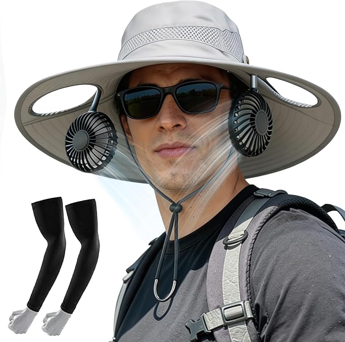 Sun Hat with Fan for Men & Women, Bucket Hat with Fan, UPF 50+ Cooling Hat with Sunblock Sleeves for Fishing,Hiking