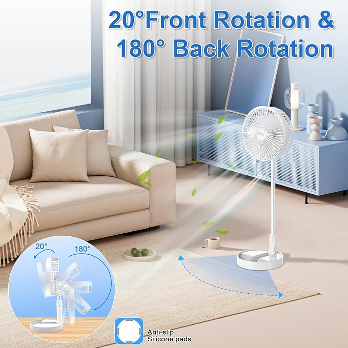 Portable Standing Fan with Solar Panel, Battery & Solar Powered Fan for Travel, 8" Rechargeable USB Foldable Compact Pedestal Fan, 3 Speeds Quiet Telescopic Desk Fan for Home Bedroom Camping
