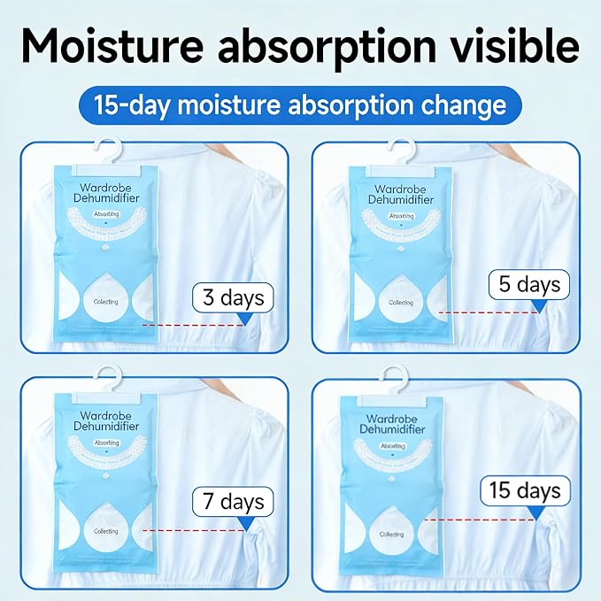 6 in 1 Moisture Absorbers Packets Set, Dehumidifier Bags for Closet, Unscented Hanging Humidity Absorber in Wardrobes, Bedrooms, Bathrooms, Car and More (Capacity 500 Milliliters/Bag；6 Bags)