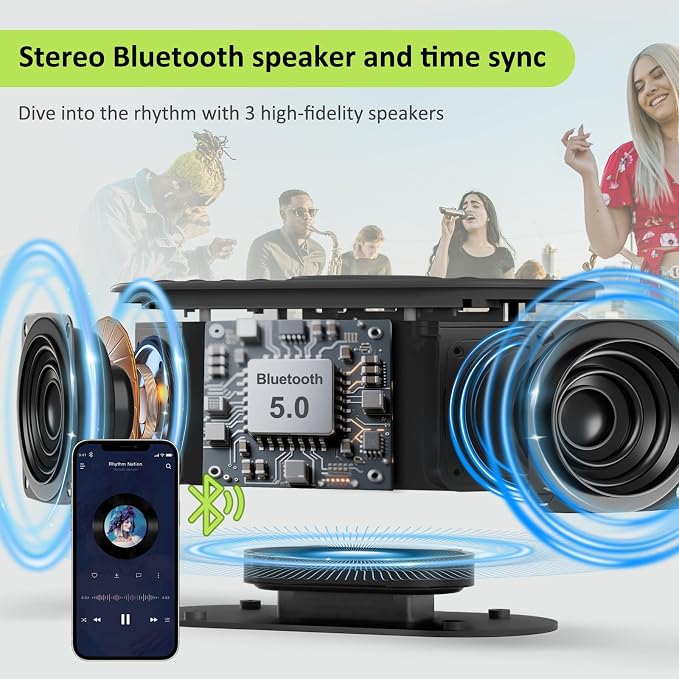 DreamSky Alarm Clock Radio with Wireless Charging and Bluetooth Speaker | Loud Alarm for Heavy Sleepers, Bedroom Digital FM Radio with Sleep Timer, 0-100% Dimmer, 9 Alarm Sounds & 16 Volumes, USB