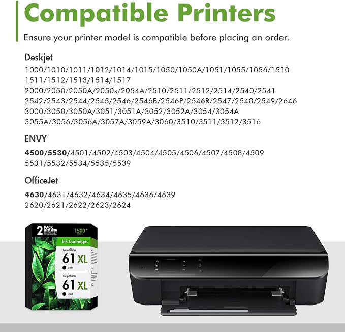 61 61XL Ink Cartridges for HP Printers Replacement for 61 Black Ink Cartridge Work for Envy 4500 5530 Officejet 4630 4635 Envy 4502 4501 Deskjet 1000 1010 Printer High Yield Black 2-Pack
