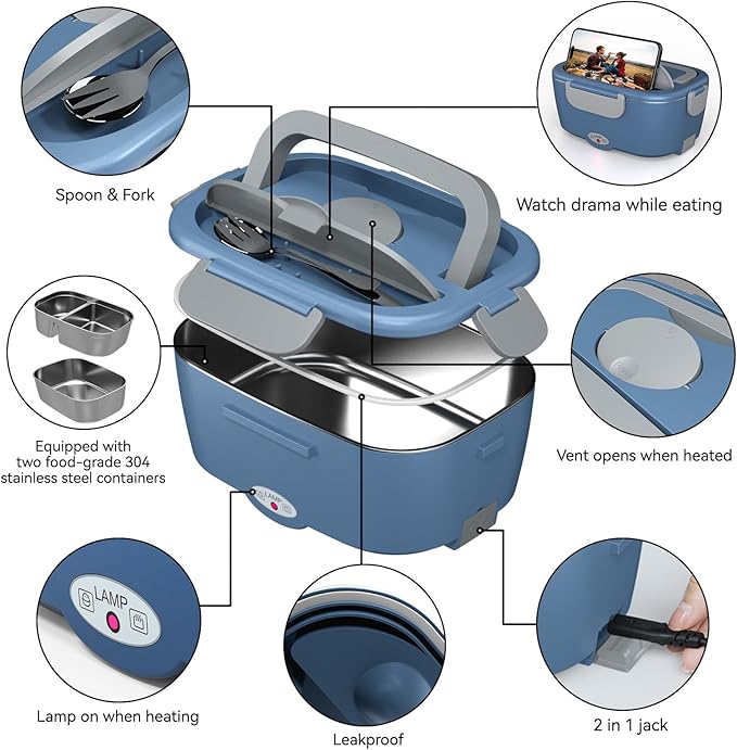 Sitlais Electric Lunch Box for Adults - Fast Heating Portable Food Warmer with 2 of 53oz 304 Stainless Steel Containers 12V/24V/110V Heated Lunch Box for Men&Women Work Office Truck Travel lonchera