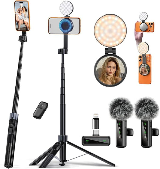 yAyusi 3-in-1 Magnetic Vlogging Kit for iPhone/Android, YouTube Starter Kit, Magnetic Tripod/Microphone/Remote Control, 71" Selfie Stick with Light for YouTube Starter Content Creator Essentials Kit