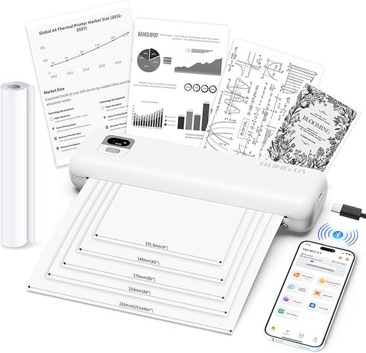 Rongta Portable Printer Wireless for Travel, Thermal Inkless Printers for 8.5"*11" US Letter, Compatible with Android iOS Smartphone, Mac Windows Laptop (White, 1 Printer + 1 Roll Thermal Paper)