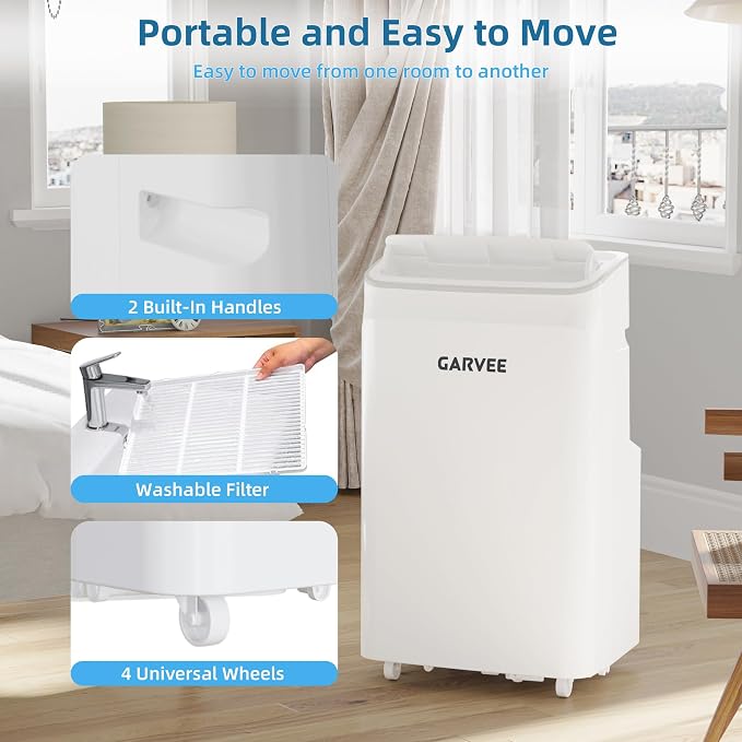 12000 BTU Portable Air Conditioner with White Body and Black Top Cover, Cooling, Dehumidifying & Fan Functions, Perfect for Large Rooms, Quiet Operation, 24-Hour Timer & Energy Saving
