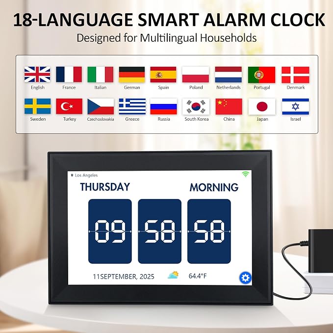 WiFi 10.1 Inch Digital Alarm Clock for Seniors, Large Display with Day/Date Smart Touchscreen Electronic Calendar 64 Alarms 64 Reminders Dementia Alarm Clock for Elderly（Black）