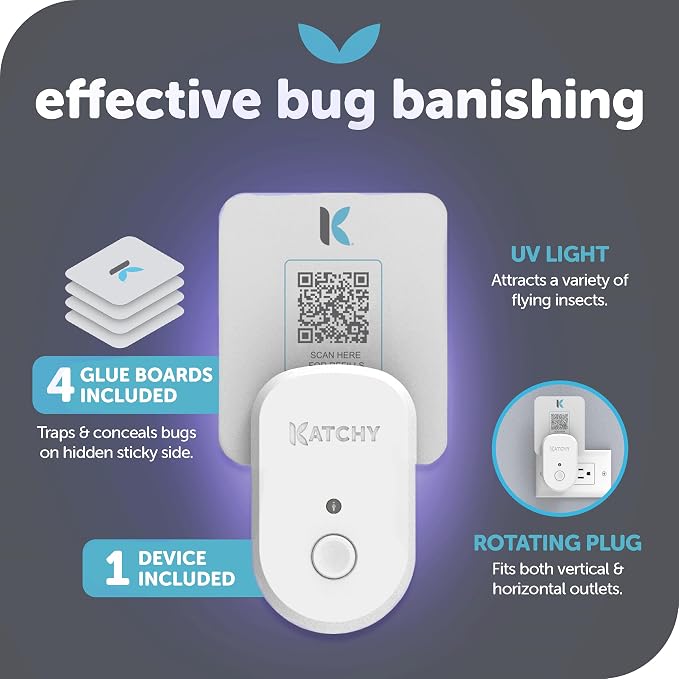 Katchy Plug-in Bug Trap Indoor – Fly Catcher for Mosquito, Gnat, Fruit Fly & Small Moth – Blue Light, Chemical-Free & Eco-Friendly – All Indoor Areas: Kitchen, Living Room & Plants (1 Pack)