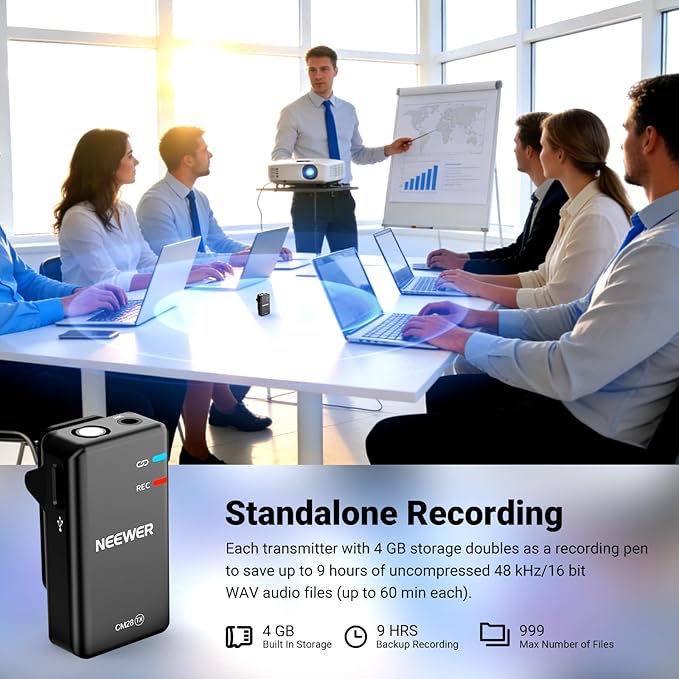 NEEWER CM28 Wireless Lavalier Microphone, Smart Noise Cancelling Lav Mic, 48KHz/16Bit 9hrs Uncompressed Recording, 200m Range, 4GB Storage for iPhone, Android, Camera, 1 RX + 2 TX + Charging Case