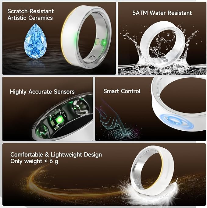 Smart Ring for Women & Men, Fitness & Activity Tracker, Sleep Monitoring, 7-Day Battery Life, 5ATM Waterproof, No Subscription Fee, iOS & Android Compatible (White, 10)