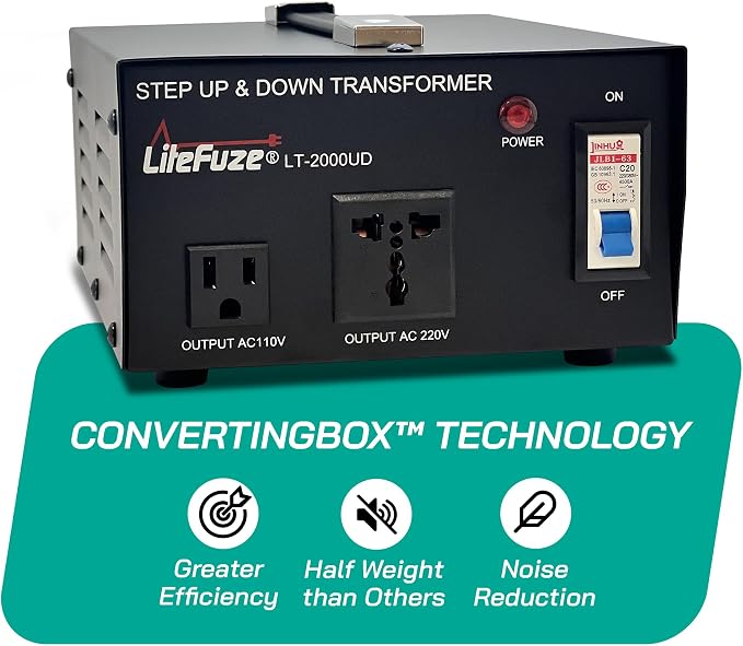 LiteFuze 2000 Watt Voltage Converter Transformer Step Up/Down - 110v to 220v / 220v to 110v Power Converter - Fully USA Grounded Cord - Universal Outlet Socket, 2x US Outlets - CE Certified