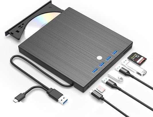 External CD DVD Drive,9 in 1 USB 3.0 and Type-C Disc Reader Writer Burner Player,Slim and Portable CD DVD +/-RW Optical Drive for PC Laptop Desktop MacBook Mac Windows Linux OS Apple (9 in 1)