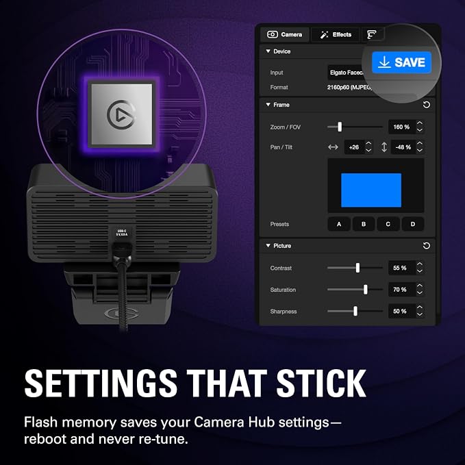 Elgato Facecam 4K - 4K60 Studio Webcam, DSLR-Like Control, Cinematic Effects, 49mm Lens Filters, HDR, Uncompressed Video, Optimized Focus Area | USB-C for PC & Mac | Sony Sensor, 49mm Lens Filter Support, Cinematic Effects, No Compression, Works with O...