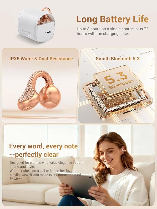 JewelPods C01Pro Open Ear Headphones, Luxury Jewelry Earbuds, Rose Gold | Clip-On Wireless Bluetooth Earbuds Secure, Lightweight, Premium Audio-Water Resistant-Up to 72 hrs Play,Gift for Her
