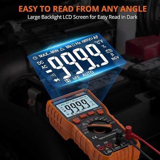 Proster Digital Multimeter - TRMS Voltmeter Multimetro Auto Range Multi Testers, 20A DC AC Current Meter NCV Detector Magnetic Hanging Hands-Free Design with Temperature Probe Backlit LCD Flashlight