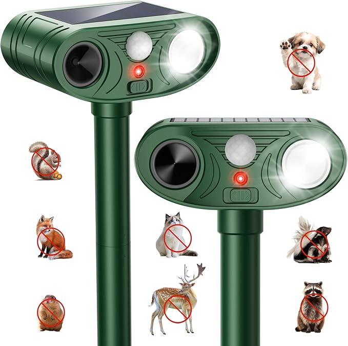 2026 Upgraded Ultrasonic Solar Animal Repellent Outdoor, Deer Repellent Devices Squirrel Cat Raccoon Rabbit Dog Deterrent with Motion Sensor Flash Light for Yard Garden Lawn (2 Pack)