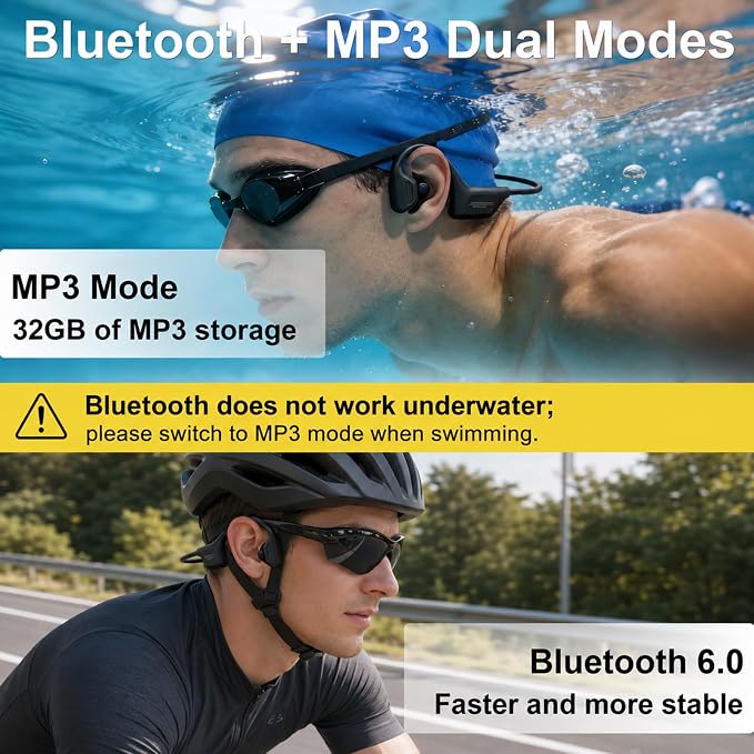 Swimming Headphones Underwater, Bone Conduction Swimming Headphones IPX8 Waterproof Open Ear Headphones with 32GB Built-in MP3, Bluetooth 6.0 Dual Mode, Dual Device Pairing, Magnetic Charging(Black